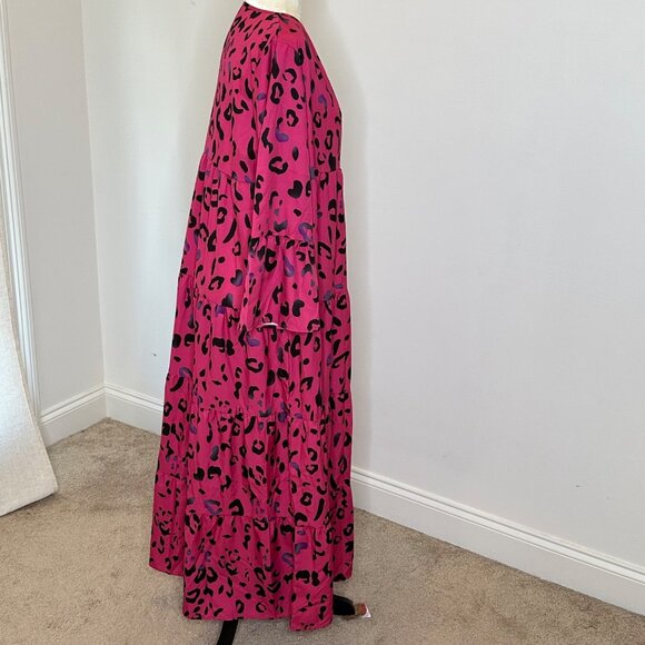 Pink Leopard Maxi Dress XL Long Sleeve Tiered Flowing Boho Style Office Work - Picture 4 of 16